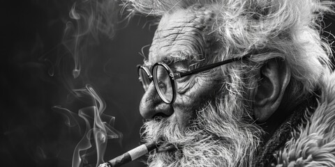 Obraz na płótnie Canvas A black and white photo of an elderly man smoking a cigarette. Suitable for various projects