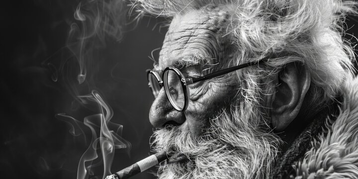 A black and white photo of an elderly man smoking a cigarette. Suitable for various projects