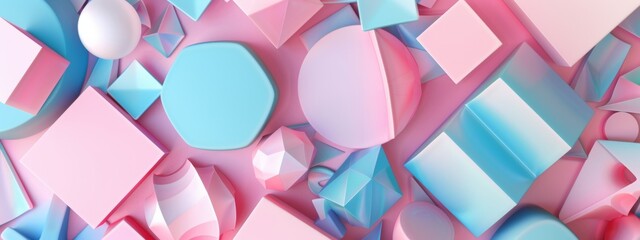 A background filled with overlapping geometric shapes in pastel tones, some with a metallic sheen and others with a soft, matte texture.