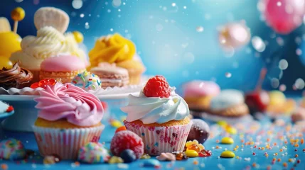 Foto op Plexiglas A variety of delicious cupcakes with frosting and sprinkles. Perfect for bakery or dessert concepts © Fotograf