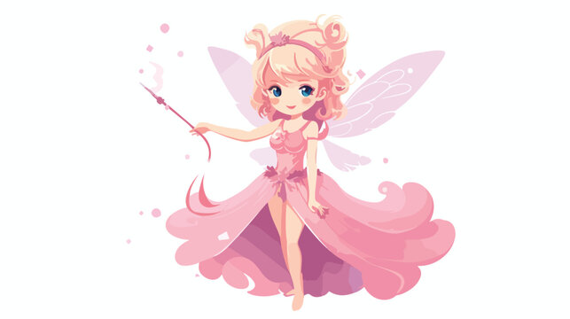 Cute fairy girl in a pink dress with magic wand