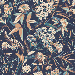Seamless pattern with light flowers - Clover, Achillea Millefolium and grass isolated on the dark blue background. Hand-drawn illustrations of wildflowers.
