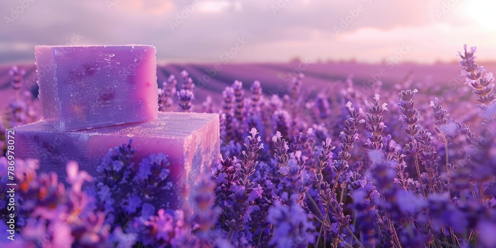 Poster a detailed view of a block of soap surrounded by blooming lavender. ideal for beauty and relaxation 