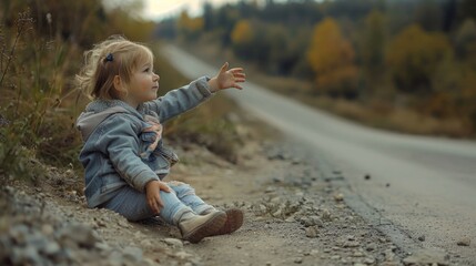 A young girl sitting on the side of a road, suitable for various concepts and projects