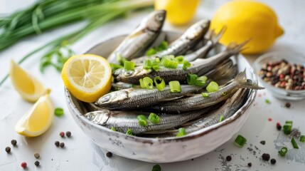 Fresh sprats with green onion spices and lemon slices on a white table in a close up shot - obrazy, fototapety, plakaty