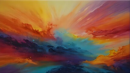 A vibrant abstract buttercream painting resembling a colorful sunset sky - obrazy, fototapety, plakaty
