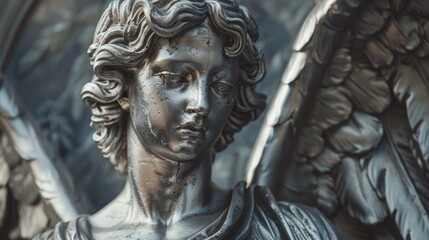 A close-up view of a serene angel statue. Ideal for religious themes or memorial designs