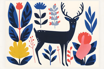 Fototapeta premium Scandinavian deer folk art illustration on white background