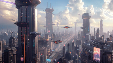 An avant-garde cityscape boasting state-of-the-art high-rises, hovercrafts traversing the skies, and vibrant holographic advertisements - obrazy, fototapety, plakaty