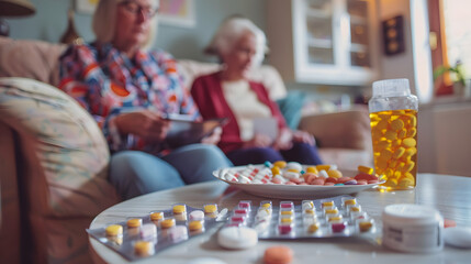 A health visitor and a patient looking at medication plans and schedules on the coffee table, ensuring proper management, health visitor at home, blurred background, with copy space
