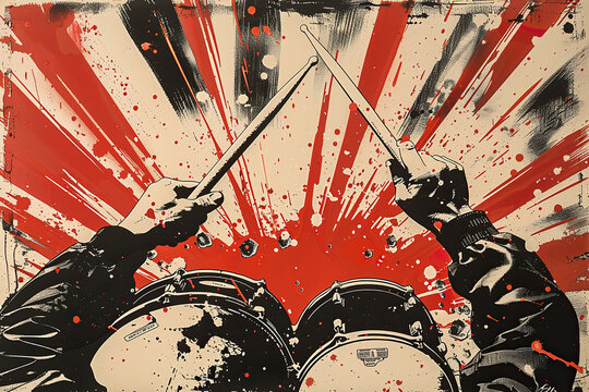 Horizontal poster in grunge style with halftones with an image of a drum and drumsticks. Poster, banner for music festival, show. Generative AI