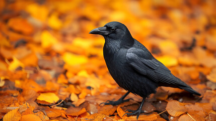 Fototapeta premium Crow with autumn leaf background