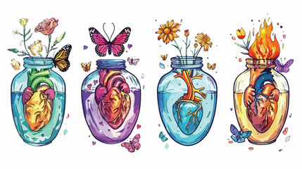 Four three Anatomical hearts. Heart on fire flowers bu