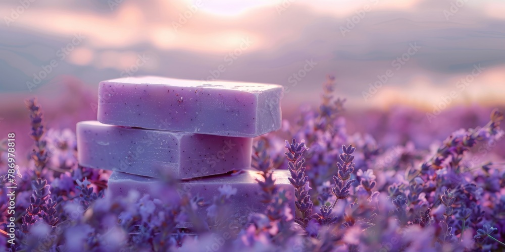 Poster stack of soap bars on beautiful lavender field, ideal for spa and wellness concepts