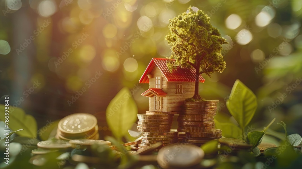 Poster a small house perched on top of a stack of coins. ideal for financial concepts