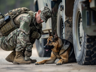 A military dog handler and his trained canine scanning a vehicle at a security checkpoint