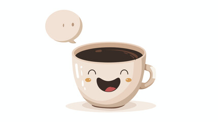 Cute happy funny coffee cup with speech bubble. isolated