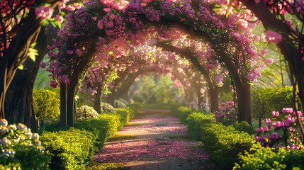 A path through a park with pink flowers hanging from the trees.

 - obrazy, fototapety, plakaty