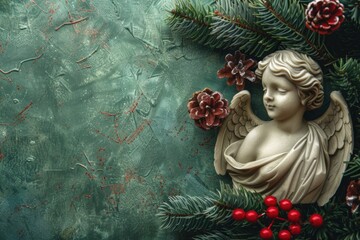 Fototapeta premium A serene angel statue adorned with pine cones and red berries. Perfect for Christmas or religious-themed designs
