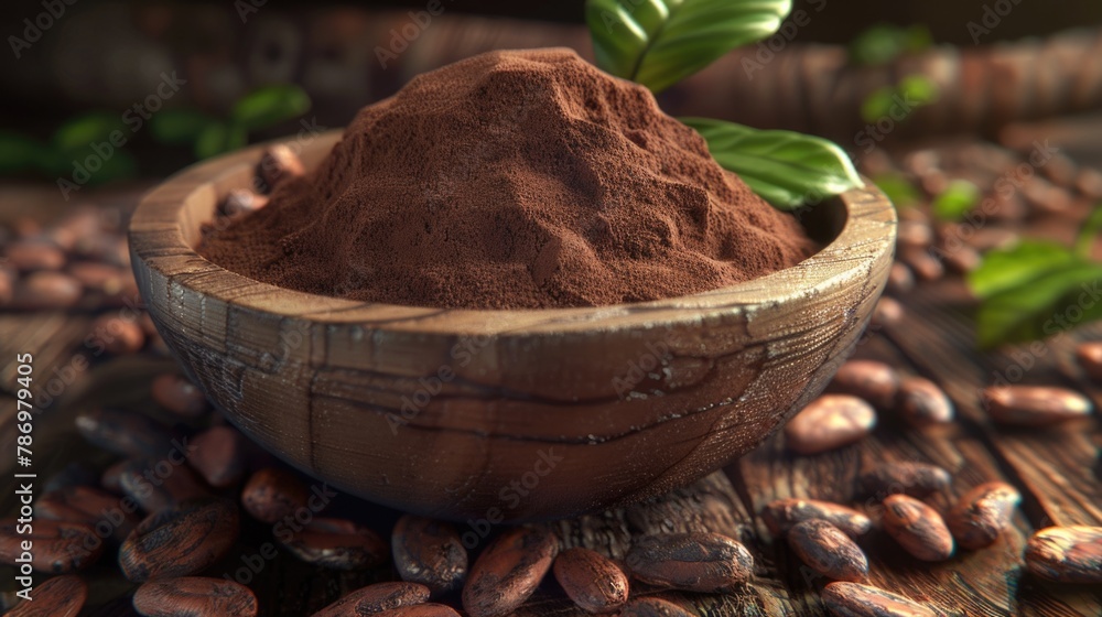 Poster fresh cocoa beans in a rustic setting, perfect for food and agriculture concepts