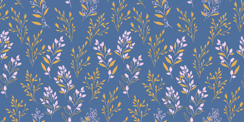 Abstract small branches leaves and tiny flowers buds seamless pattern. Minimalist creative floral stems printing on a blue background. Vector hand drawn sketch. Template for designs, fabric, textile