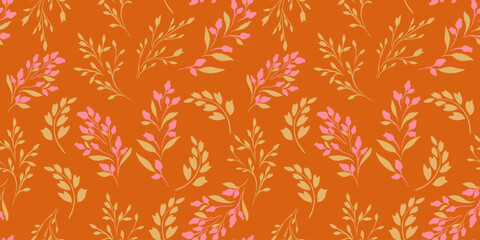 Vector hand drawn sketch tiny branches with buds flowers, leaves scattered randomly in a seamless pattern. Terracotta simple summer print with small abstract floral stems. Template for designs