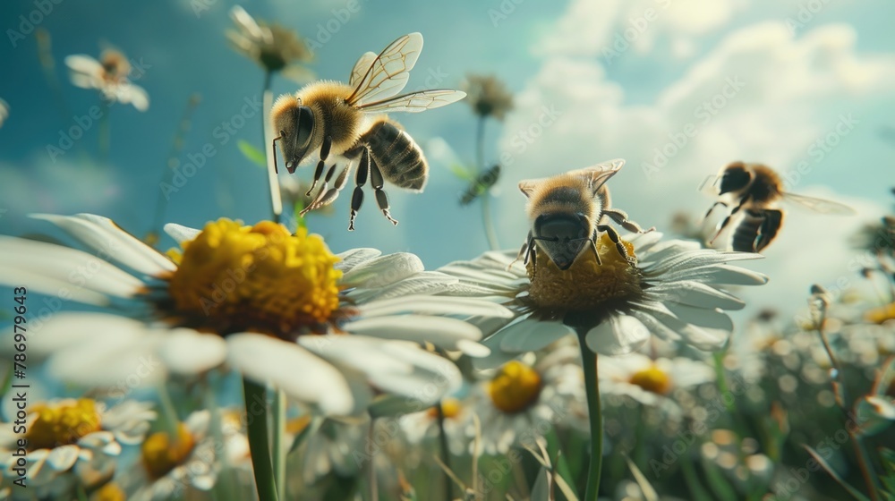 Aufkleber A group of bees flying over a colorful field of flowers. Suitable for nature and environmental themes