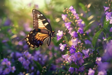 A beautiful butterfly perched on vibrant purple flowers. Ideal for nature and garden themes