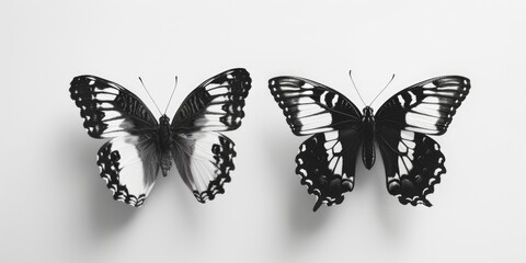 Two butterflies in contrasting colors on a plain white background. Suitable for nature or minimalistic design concepts