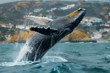 A humpback whale is breaching the surface of the water