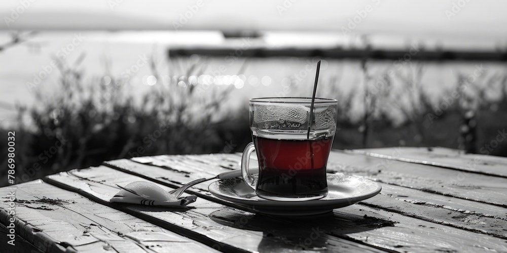 Poster a simple cup of tea on a rustic wooden table, suitable for various projects