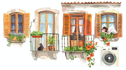 Four Windows. Closed wooden shutters flowers clothes d