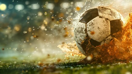 Dynamic Soccer Ball Impact, Fiery Splash on Field, Action Sports with Copy Space - obrazy, fototapety, plakaty