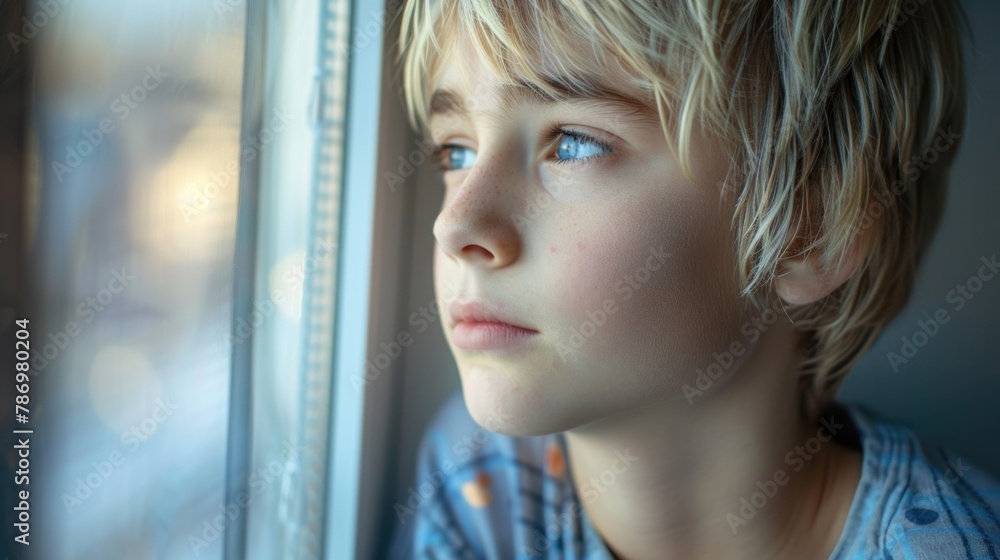 Poster a young boy gazing out of a window. suitable for various concepts and designs