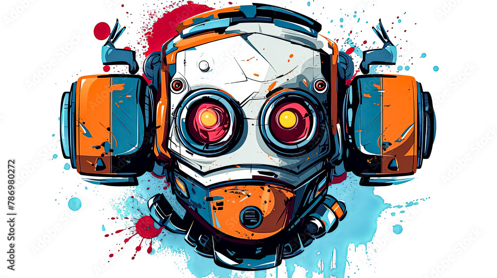 Poster a colorful robot with a big smile on its face.
