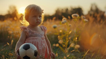 A young girl holding a soccer ball in a grassy field. Suitable for sports and outdoor activities