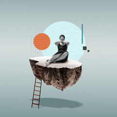 A lonely woman sits on a flying island. Art collage.