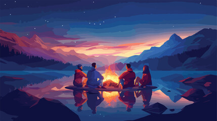A group of friends sitting at the campfire in the nig