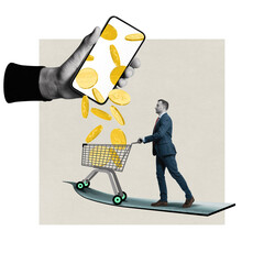 Coins fall from a smartphone into a shopping cart. Art collage.
