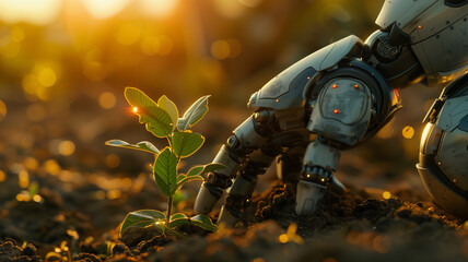 As the first light of dawn breaks, a precise agritech robot gently tends to the needs of a burgeoning plant, illustrating the synergy between technology and nature
