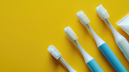 Group of toothbrushes on bright yellow background, perfect for dental hygiene concept - obrazy, fototapety, plakaty