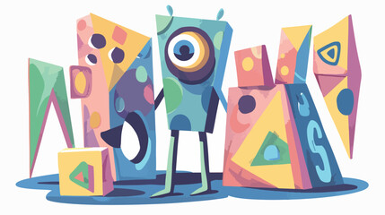 Funny character peeping from the geometric shapes. Cut