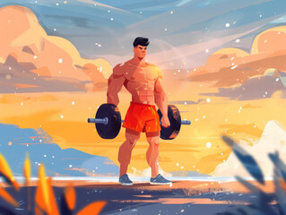 Illustration of a muscular man lifting weights outdoors with a serene landscape in the background.