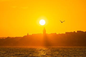 Galata Tower view at sunset with shadow in the haze and seagull on the sky