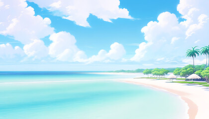 Obraz premium Paradise Beach Island scene anime with blue sky and cloud,