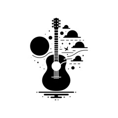 Black Vector Silhouette of a Guitar, Symbol of Musical Harmony and Expression- Guitar Illustration- Guitar vector stock.