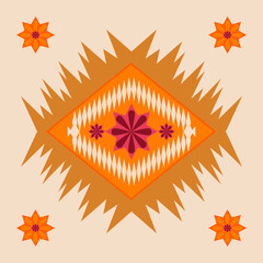 Ethic Abstract Ikat Art seamless pattern, geometric shapes in yellow, orange,  and gold. on a brown background.  Designed for backgrounds, illustrations, textures, fabrics, wallpapers.