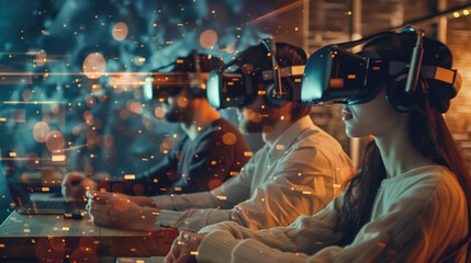 A cluster of individuals donning virtual reality headsets, engaging in interactive experiences within a simulated realm - obrazy, fototapety, plakaty
