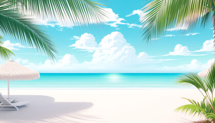 Fototapeta na wymiar Holiday Tropical beach island and sea summer style, vacation leave, illustration 2d anime scene