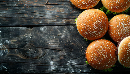 Baked goods staple hamburger buns on wooden table